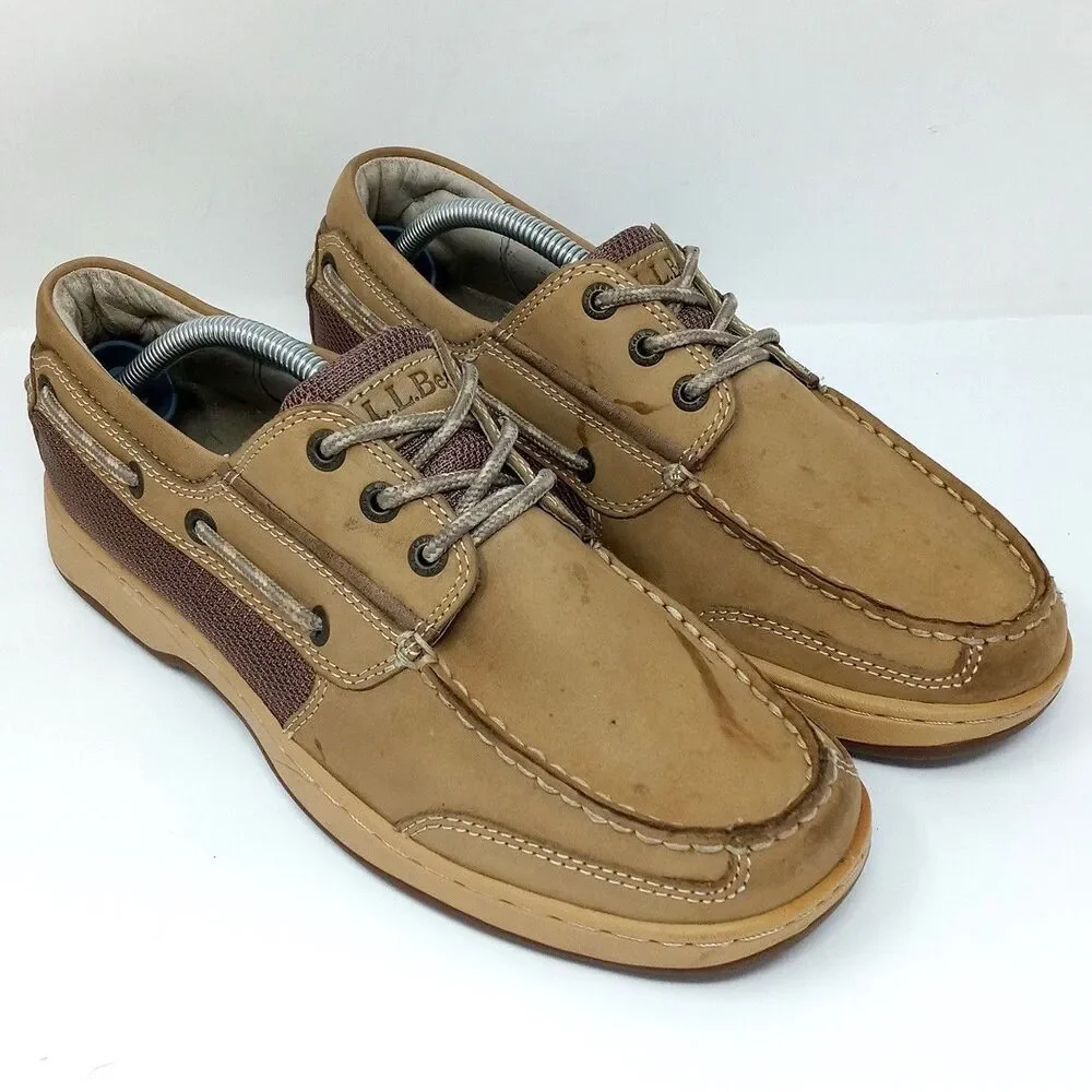 LL Bean Tan Three Eye Lace Up Leather Boat Shoes - Men's Size 8